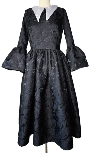 Black Jacquard Dress with White Collar